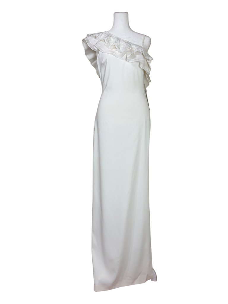 Badgley Mischka Size 2 Light Ivory One Shoulder Ruffle Evening Or Wedding Gown